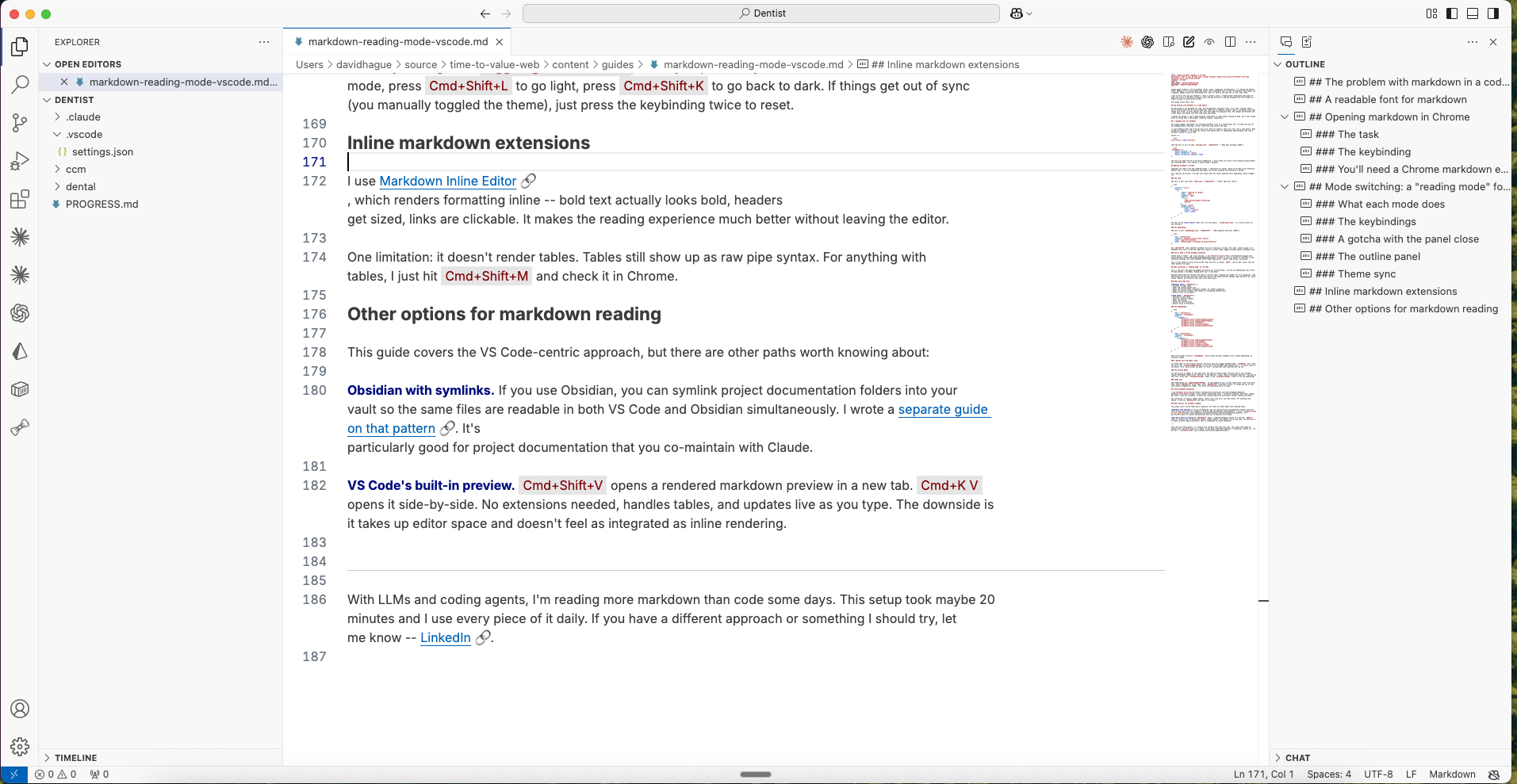 VS Code in markdown mode -- light theme, Inter font, outline panel, no terminal