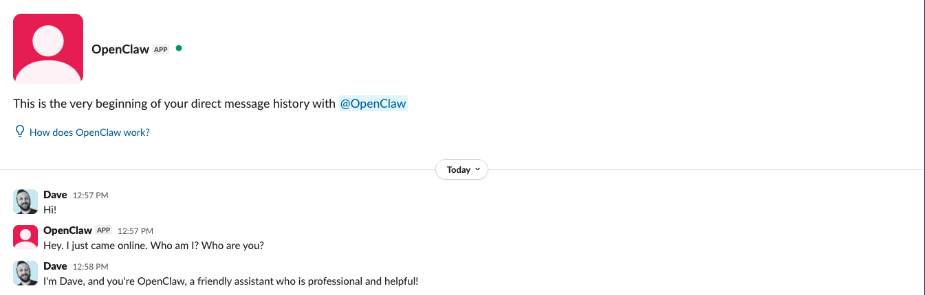 Initial conversation with OpenClaw in Slack